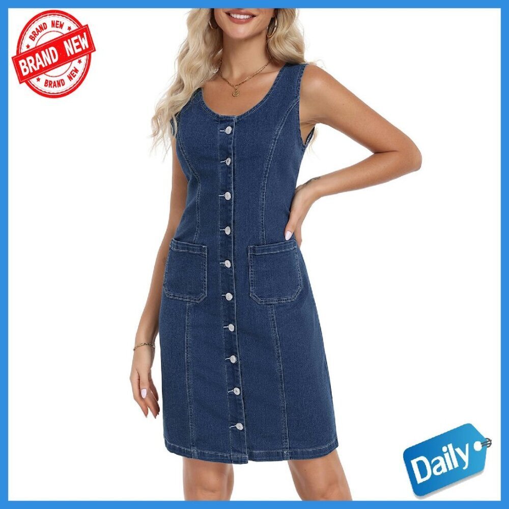 Vintage Denim Dress Sleeveless Stretchy Button Down Casual
